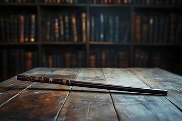 Moody dark academia still life with a wooden table, vintage books, and a magic wand, mysterious candlelight atmosphere evoking knowledge, mystery, and sorcery aesthetic