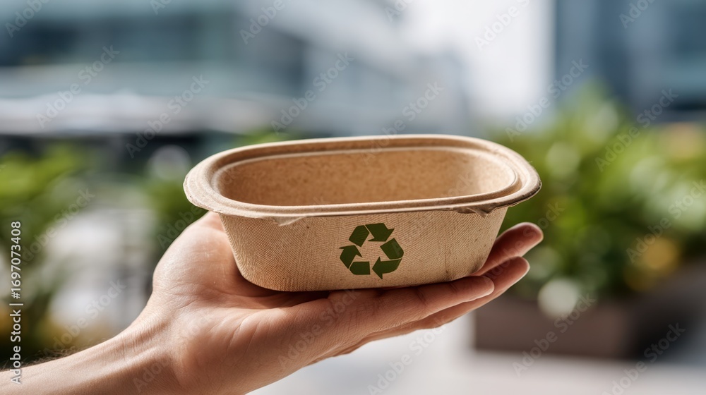 Poster medium shot of biodegradable packaging held in hand with soft blurred background emphasizing ecocons