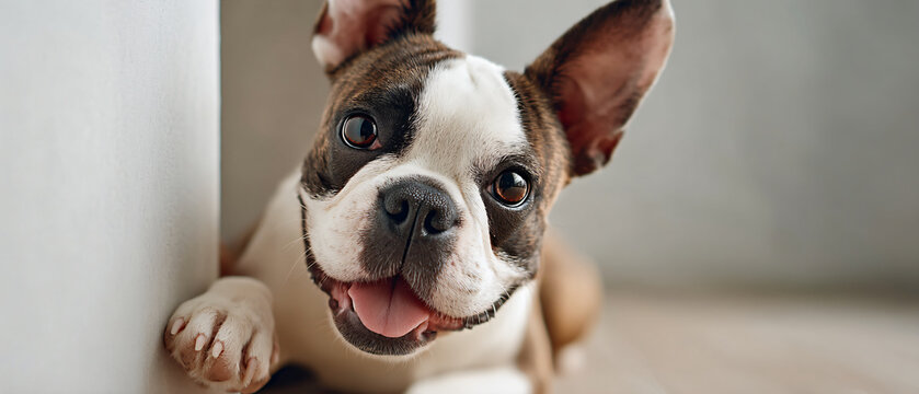 Cheerful Bulldog Peeking Over Table — Pet Banner with Copy Space