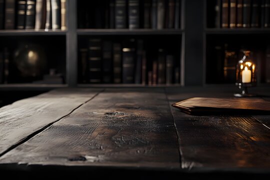 Moody dark academia still life with a wooden table, vintage books, mysterious candlelight atmosphere evoking knowledge, mystery, and sorcery aesthetic