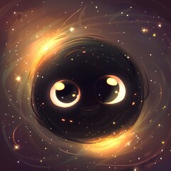 Cute black hole illustration with smiling face and colorful cosmic elements, adorable space cartoon concept with stars and galaxies in a playful and dreamy universe background