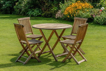 classic wooden garden furniture set elegantly arranged in lush green lawn