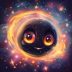 Cute black hole illustration with smiling face and colorful cosmic elements, adorable space cartoon concept with stars and galaxies in a playful and dreamy universe background