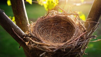 empty bird s nest with natural framing composition and morning light on detail of materials