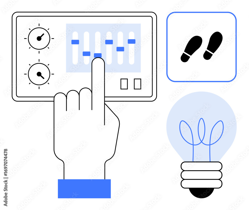 Poster hand interacting with control panel featuring sliders and knobs, footprints suggesting movement, and