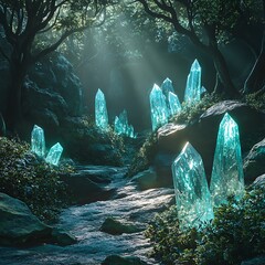Enchanted woodland path lined with crystals high resolution picture