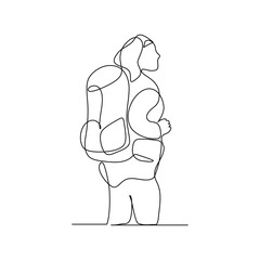 Continuous line drawing of woman hiking mountain hill wearing backpack. Single line art of traveler with bag. Vector illustration editable stroke
