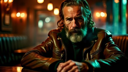 Middle-aged man in bar with leather jacket