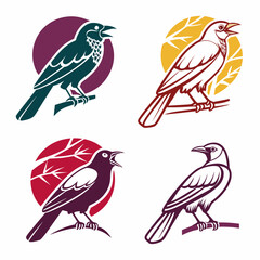 Obraz premium Set of four crow bird icons with colorful circles