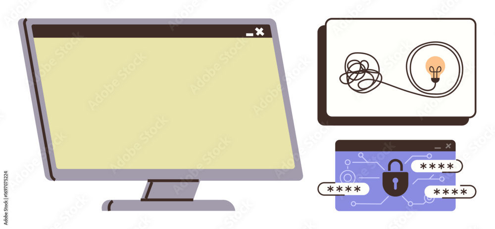 Poster monitor with blank screen, tangled wire with bulb for creative idea, encrypted password protection. 