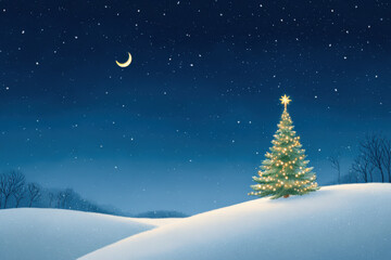 Naklejka premium captivating christmas landscape unfolds beneath starry sky featuring lone christmas tree adorned with shimmering