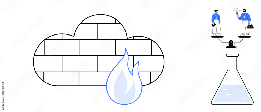 Poster brick-patterned cloud with flame symbolizing cybersecurity, flask representing innovation, balanced 