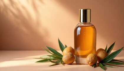 Elegant cosmetic oil serum glass bottle with golden cap. Argan fruits, foliage create minimalist scene. Beauty skincare product presentation in studio setting with vibrant light, shadows, perfect for