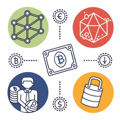 Flat design icons related to cryptocurrency and digital finance