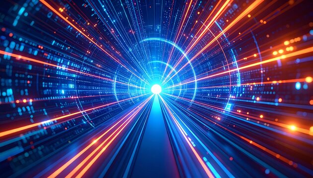 Digital tunnel with glowing lines and circular patterns