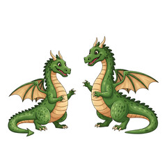Obraz premium Adorable Cartoon Green Dragons Pair of Friendly Fantasy Creatures