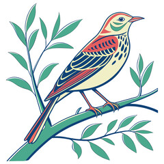 Bird with colorful plumage perched on a branch with leaves