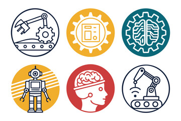 Robotics and artificial intelligence icons on colored circles