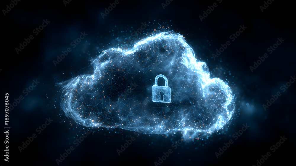 Poster abstract illustration of cloud security services, stlized cloud icon integrate with a secure padlock