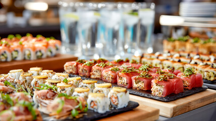 An enticing sushi display with various rolls, featuring vibrant colors and textures, promising a delightful culinary experience.