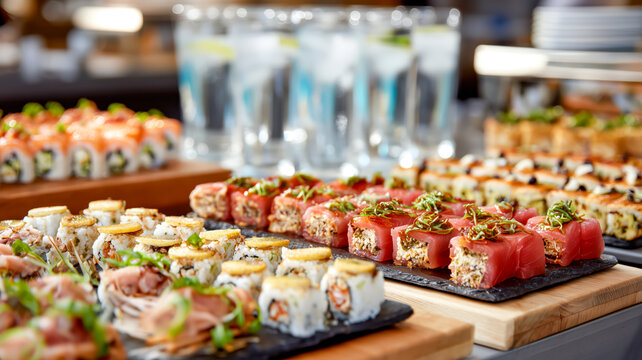 An enticing sushi display with various rolls, featuring vibrant colors and textures, promising a delightful culinary experience.