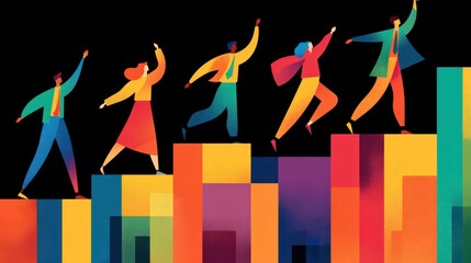 Colorful illustration showing five diverse figures ascending steps towards success