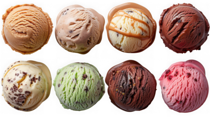 An assortment of colorful and delicious ice cream scoops, each with its own unique flavor and texture, isolated on transparent background