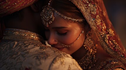 Intimate embrace of a traditional Indian bride adorned in golden jewelry and attire