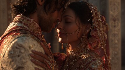 Intimate moment shared between a bride and groom in traditional Indian attire