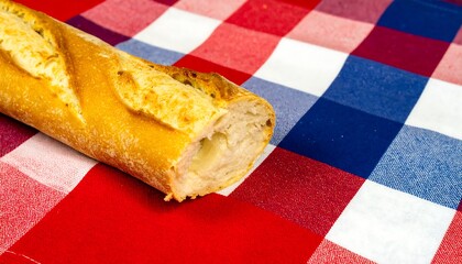 Fresh baguette on checkered cloth