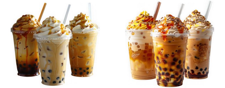An array of bubble tea variations isolated on transparent background, each a unique blend of flavors and toppings, offering a diverse and tempting selection