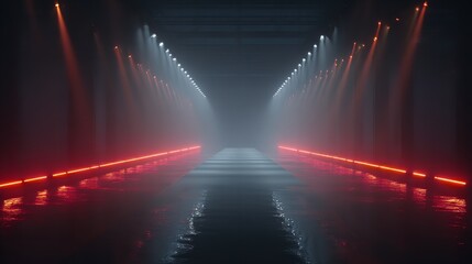 Futuristic illuminated runway glows warmly, creating a compelling and surreal aesthetic scene