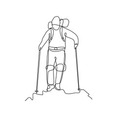 Continuous line drawing of man hiking mountain hill wearing backpack. Single line art of traveler with bag. Vector illustration editable stroke