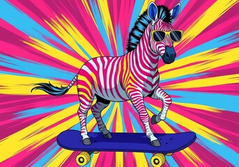 Pop Art Zebra Skateboarding Illustration – Vibrant Street Art Animal Design with Bold Colors, Retro Comic Style, Dynamic Skateboard Action, Modern Graphic Artwork 

