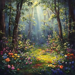 Enchanted woodland path with vibrant flowers high resolution picture