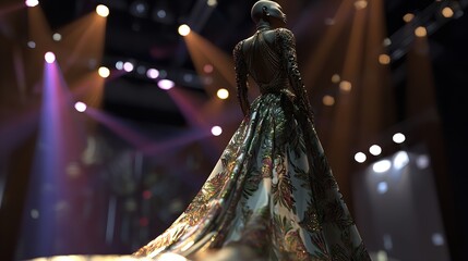 Back view of a radiant gown on a model under stage spotlights