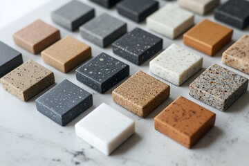 Fototapeta premium Displayed on a kitchen countertop, square samples of porcelain stoneware serve as examples for future kitchen facade exteriors. They illustrate the use of porcelain stoneware for finishing kitchen