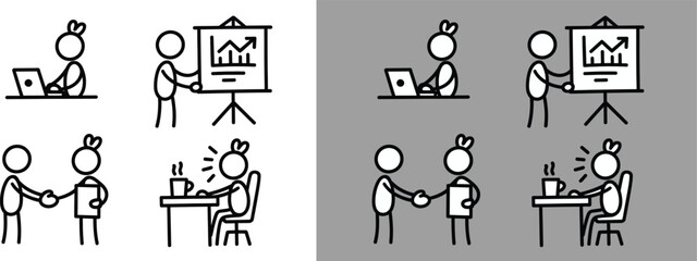 Obraz premium Stick-Figure Business Icon Set Laptop, Presentation, Handshake & Coffee Meeting