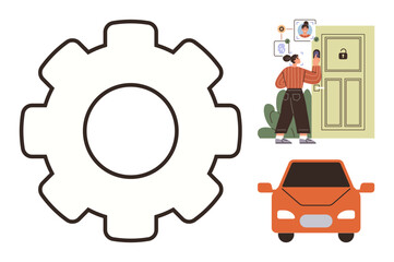 Gear icon beside woman accessing smart door lock system, orange car nearby. Ideal for technology, automation, security, innovation, connectivity, home vehicle. Simple flat metaphor