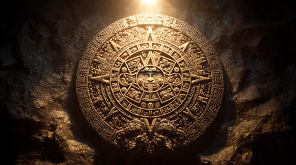 Ancient Mayan calendar displayed in a dimly lit cave