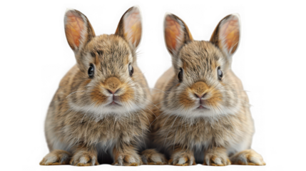 A captivating closeup of two adorable brown baby bunnies, isolated on transparent background, showcasing their endearing features and fluffy fur in detail