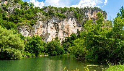 Idyllic river landscape surrounded by lush greenery and majestic cliffs