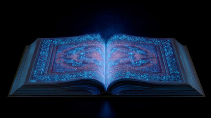 Magic book glowing with intricate designs in dark background