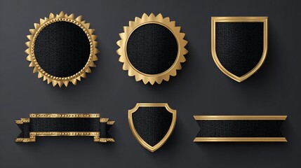Set of Elegant Black and Gold Badge and Ribbon Decorations for Awards or Recognition