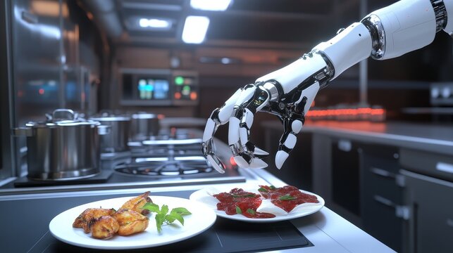 In a modern restaurant kitchen, an AI-powered robotic arm automates food preparation, demonstrating futuristic culinary technology through a 3D illustration.