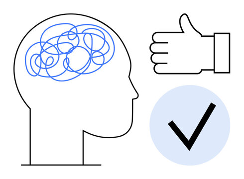 Head outline with tangled brain lines, thumbs-up sign, and checkmark. Ideal for mental health, decision making, positivity, productivity, validation, personal growth simple landing page
