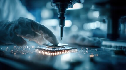 A closeup of a technicians hands handling a neuromorphic chip emphasizing precision in placement within a robotic control unit reflecting modern manufacturing practices.