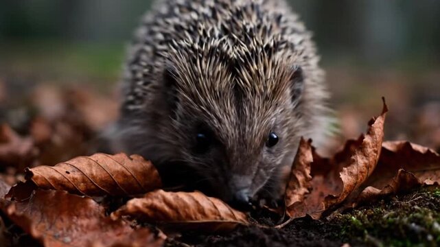 Curious hedgehog peeking through fallen autumn leaves on forest floor, exploring nature's secrets