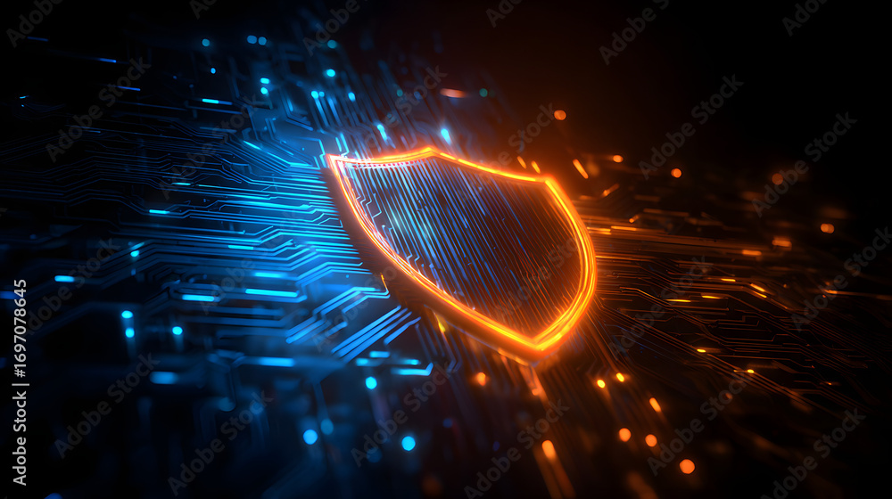 Poster cybersecurity shield: a digital shield glows with virant blue and orange hues,symbolizing robust pro