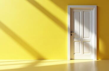 Bright interior scene with white panel door against vibrant yellow wall. Sunlight casts diagonal shadows across smooth surface, creating minimalist, clean aesthetic. Empty space suggests new